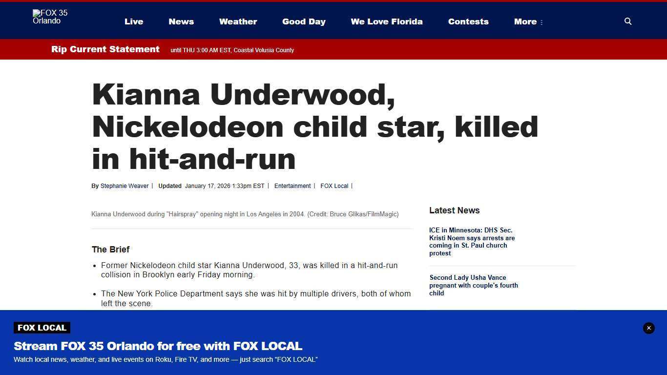 Kianna Underwood, Nickelodeon child star, killed in hit-and-run | FOX 35 Orlando